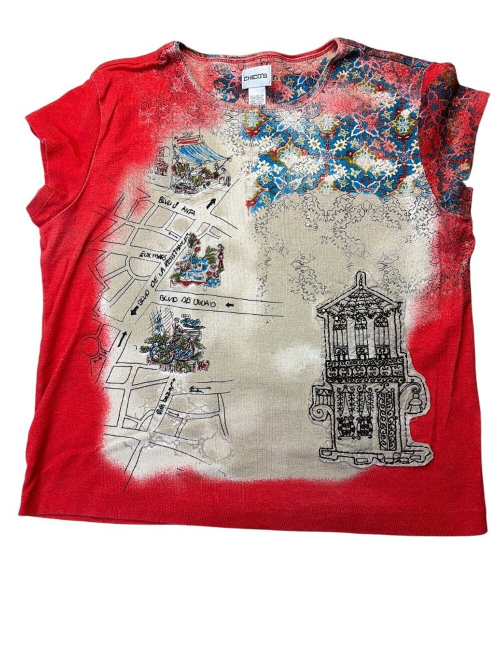 Chicos Red Graphic Print Short Sleeve Top Size XL 100% Cotton Embellished